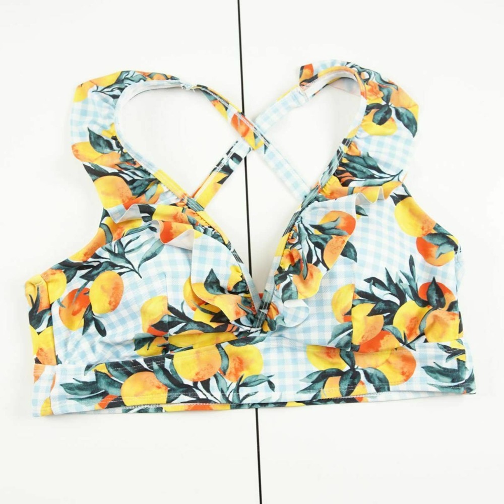 Torrid Blue Gingham Oranges Ruffle Triangle Bikini Top Womens Sz 1 / 1X